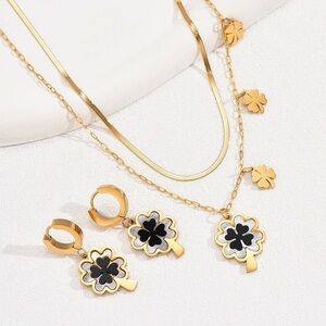 New Gold Plated Stainless Steel Enamel Lucky Clover ♠️ Necklace & Hoop Earrings